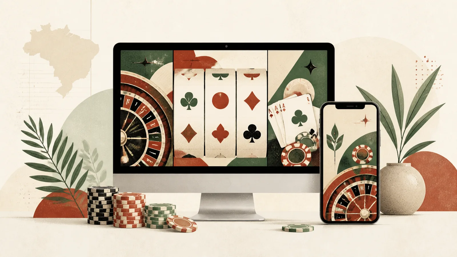 Cena ilustrativa de cassino online em computador e celular